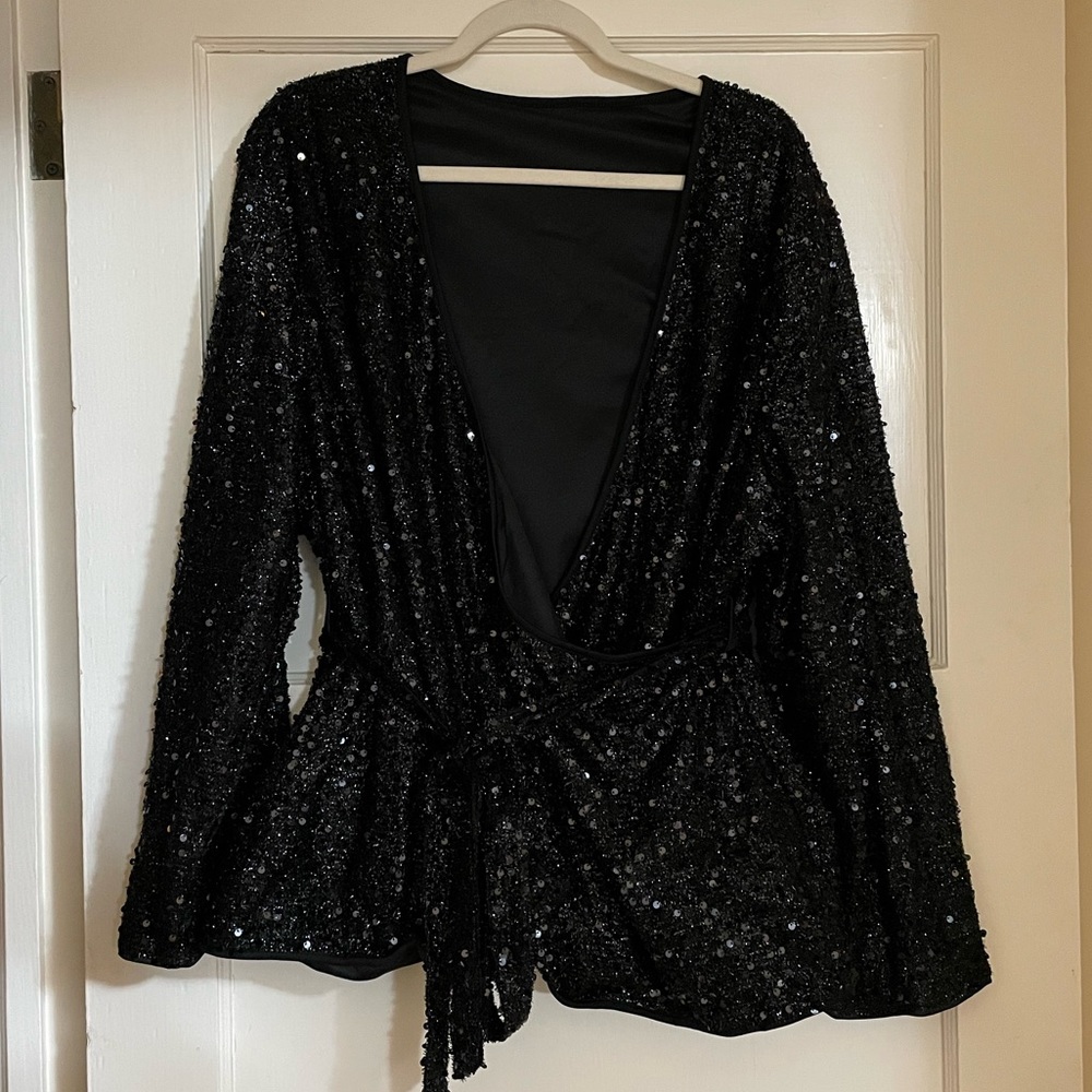 SHEIN Black Sequin V-Neck Blouse NWOT